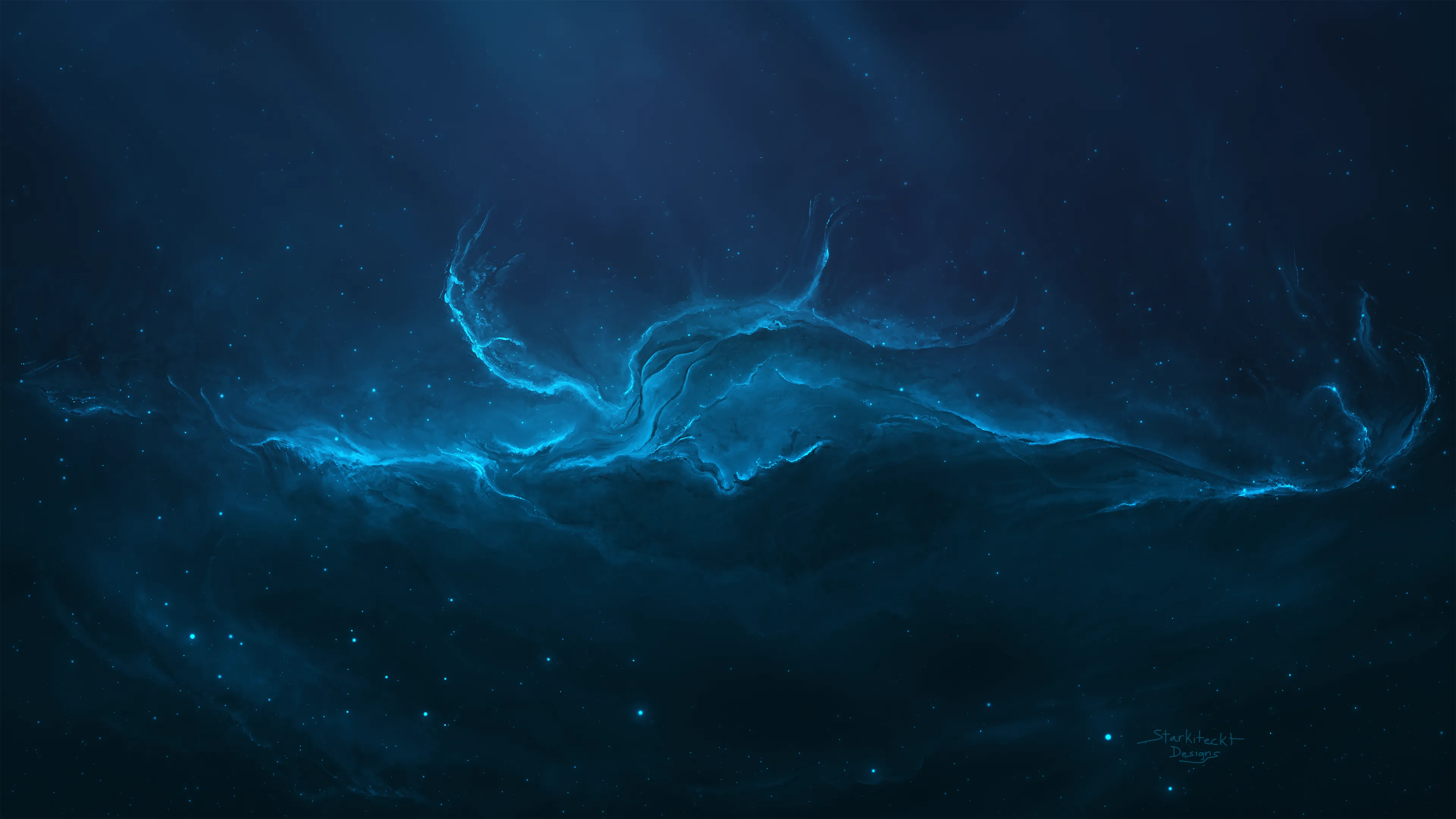 A cinematic, high-resolution view of a deep space nebula with swirling clouds of dark teal, cosmic blue, and fiery orange gas. Tiny distant stars twinkle throughout the vast expanse, creating a sense of infinite depth and technical precision. The lighting is dramatic and ethereal, perfectly capturing a futuristic and professional atmosphere for a systems engineer's portfolio.