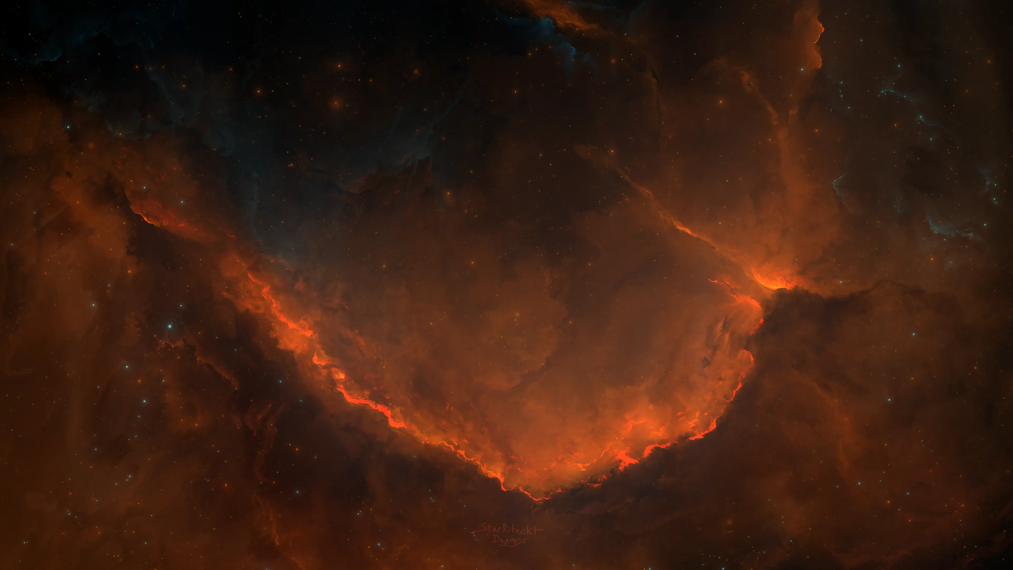 A cinematic, high-resolution view of a deep space nebula with swirling clouds of dark teal, cosmic blue, and fiery orange gas. Tiny distant stars twinkle throughout the vast expanse, creating a sense of infinite depth and technical precision. The lighting is dramatic and ethereal, perfectly capturing a futuristic and professional atmosphere for a systems engineer's portfolio.